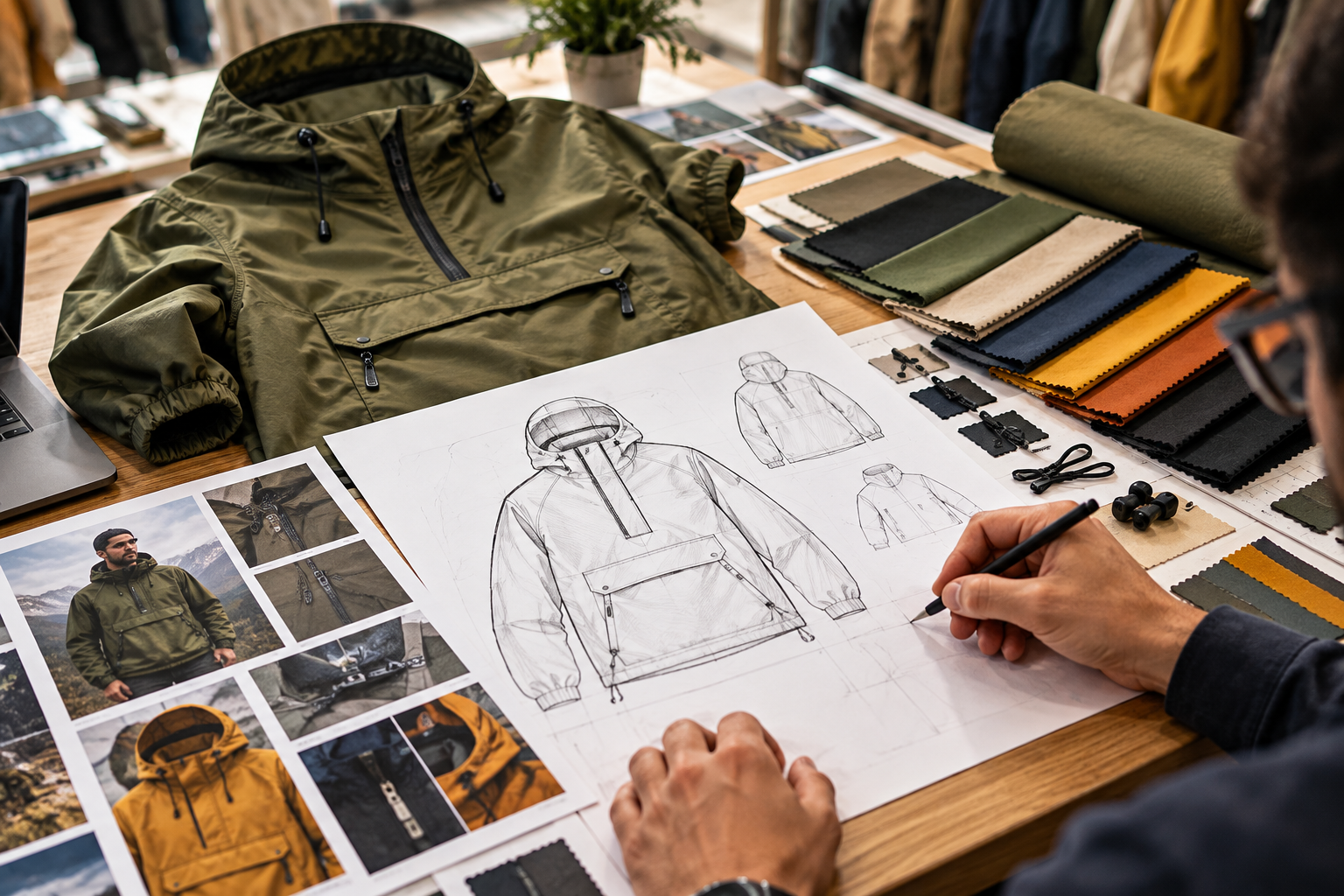 reviewing an anorak sample from a US manufacturer