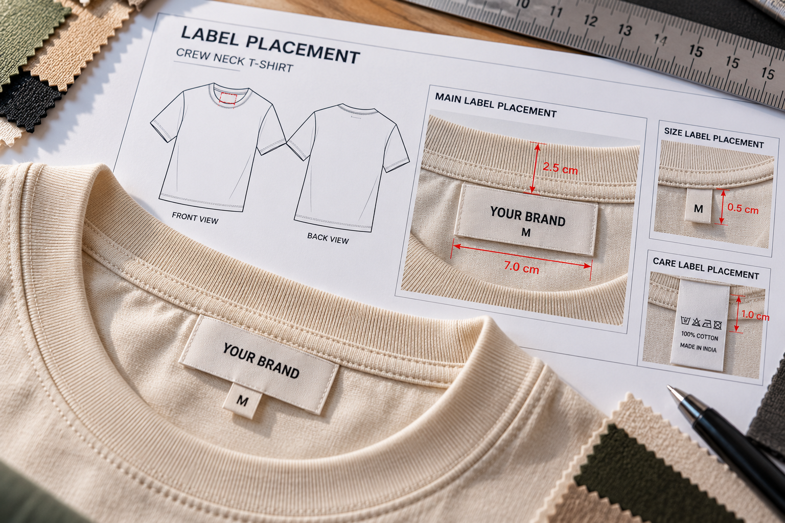 label placement section of a tech pack template